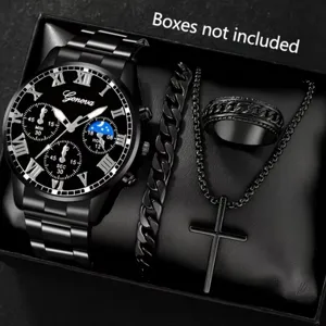 Men Quartz Watch Four-Piece Set With Cross Necklace Bracelet Ring Business Fashion Casual Alloy Faux Leather Wristwatch