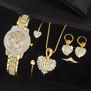 Set orologio al quarzo strass oro con collana orecchini anelli cuore per regalo elegante.