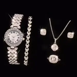 Donna strass orologio quarzo set gioielli argento lusso bracciale collana orecchini anello