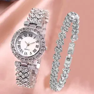 Luxury rhinestone women quartz watch and bracelet set with silver steel band and roman numerals