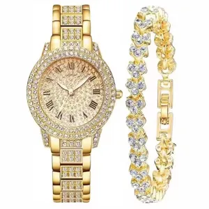 Lussuoso orologio da donna al quarzo con strass e set di bracciali a cuore dorato.