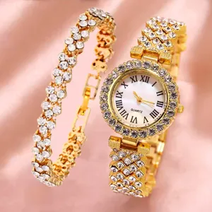 Set orologio al quarzo da donna oro e bracciale con strass, orologio elegante.