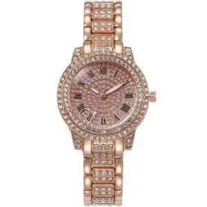 Orologio da donna in oro rosa con strass, quadrante scintillante e cinturino in acciaio elegante.