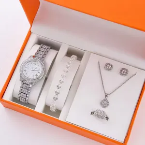 Set di orologi e gioielli di lusso in strass da donna, confezione regalo in cristallo.
