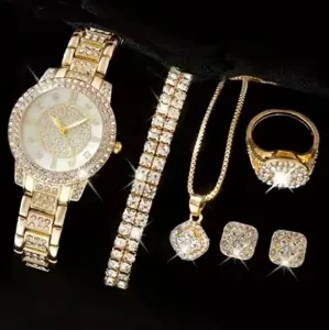 Set di orologi da donna in strass di lusso con braccialetto collana anello e orecchini.
