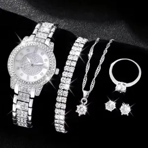 Vista dettagliata di orologio di lusso con strass, orologio da donna scintillante con set di gioielli.