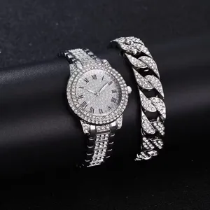 Set orologio quarzo donna strass argento e bracciale maglia cubana, dettagli cristalli lucidi.