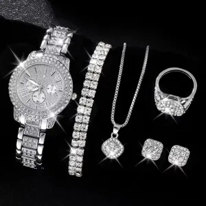 Set orologio donna con strass di lusso con bracciale tennis collana anello orecchini