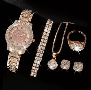 Lusso oro rosa donne strass orologio set braccialetto collana orecchini anello.