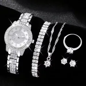 Set di gioielli e orologio di lusso con strass, catena d'acciaio argentato, collana e orecchini.