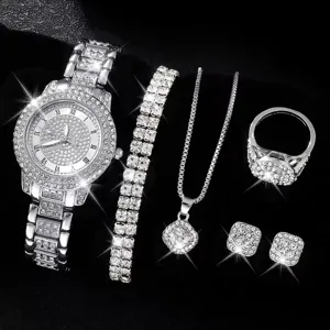 Donna lusso strass orologio set di gioielli scintillante bracciale collana anello orecchini