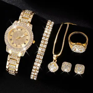Orologio e set di gioielli dorati con strass da donna, orologio in cristallo brillante.