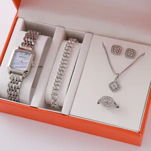 Luxury women watch set with sparkling rhinestone bracelet necklace earrings ring gift box