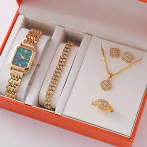 Women Fashion Square Quartz Watch Jewelry Set Luxury Rhinestone Alloy Bracelet Necklace Earrings Ring Gift Set For Ladies