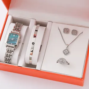 Luxury women watch and jewelry set gift box with square quartz watch bracelet earrings necklace