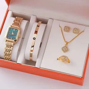 Luxury gold watch bracelet necklace earrings ring gift set for women quartz fashion.