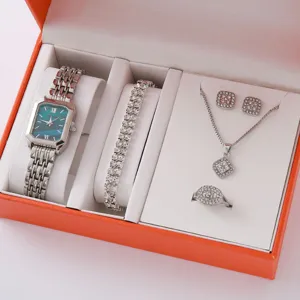 Luxury women quartz watch and jewelry gift set featuring square dial steel strap and diamonds.