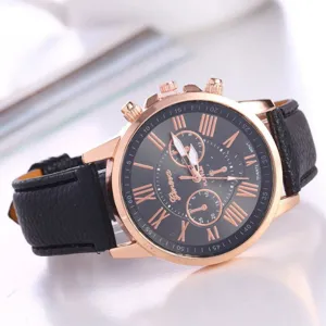 Elegante orologio donna al quarzo con cinturino in pelle nera, cassa oro rosa e numeri romani.