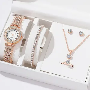 Ensemble de bijoux 5 pièces montre quartz or rose de luxe femme avec boîte cadeau chic.