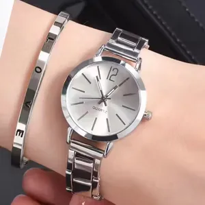 Silver quartz watch and matching LOVE bangle bracelet set for women fashion daily wear.