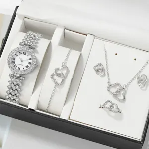 Coffret cadeau 5 pieces montre quartz strass femme collier bracelet boucles d'oreilles bague