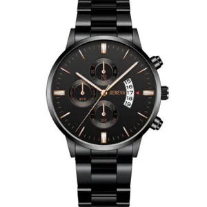 Orologio al quarzo da uomo con cinturino in acciaio e quadrante nero dettaglio.