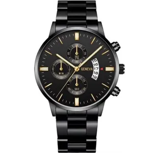 Orologio al quarzo nero da uomo con cinturino in acciaio inossidabile e grande quadrante.