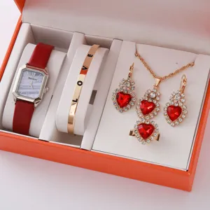 Luxe dames rode lederen horloge kwarts liefde armband hart kristal sieraden cadeau set