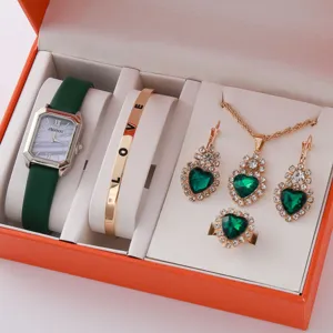 Groen quartz horloge en kristal hart sieraden set met armband, ketting, oorbellen en ring.