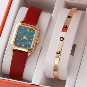Coffret cadeau montre quartz et bracelet en metal pour femme avec bracelet en cuir.