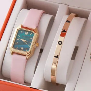 Coffret cadeau montre quartz femme et bracelet LOVE avec bracelet rose cuir et cadran bleu élégant.