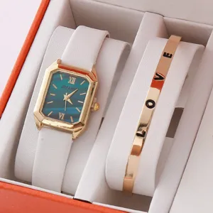 Ensemble montre quartz et bracelet pour femme avec cadran octogonal élégant et bracelet blanc.