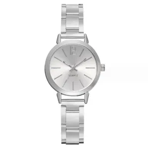 Vista dettagliata di un elegante orologio al quarzo da donna con quadrante argento e cinturino.