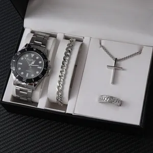 Vista dettagliata del set regalo da uomo con orologio al quarzo, collana e bracciale.