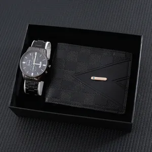 Men black quartz watch and wallet gift set stylish metal timepiece with fashion wallet box