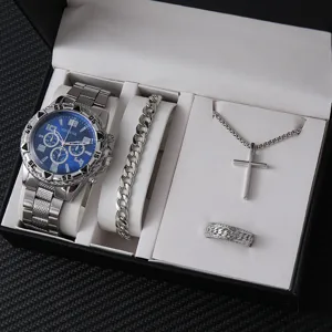 Set regalo orologio al quarzo da uomo con quadrante blu, bracciale catena, collana croce e anello.