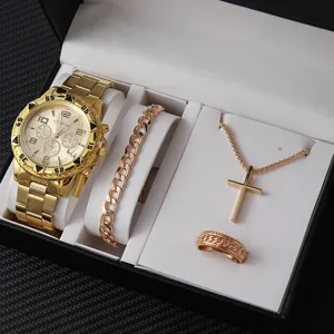Set di orologio al quarzo oro da uomo con bracciale collana croce anello in confezione