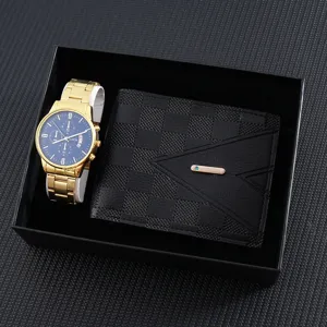 Men's quartz watch and checkered wallet gift set with luxury style for daily wear and gifting.