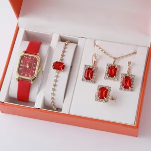 Donna Rosso Quadrato Orologio Cristallo Gioielli Set regalo Collana Orecchini Bracciale
