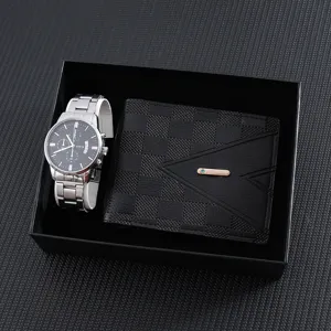 Men's quartz watch and checkered wallet gift box set stylish business accessories.