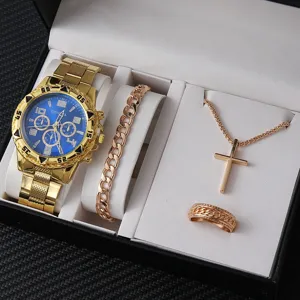 Vista di dettaglio set regalo orologio quarzo oro uomo bracciale collana anello design