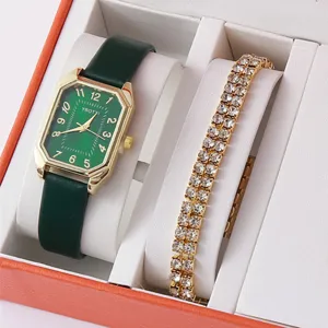 Elegante set regalo con orologio da polso rettangolare verde e bracciale in strass.