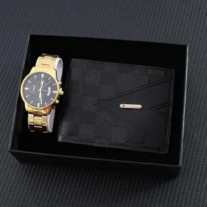 Men's luxury watch and wallet gift set with quartz chronograph and black checkerboard design.
