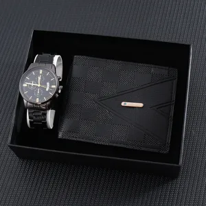 Men Quartz Watch And Wallet Gift Box Set Stainless Steel Business Wristwatch With Checkered Pattern Wallet