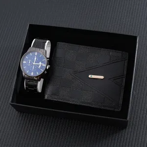Men quartz watch and wallet gift set with black steel strap and blue dial details.