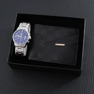 Men's watch and wallet gift set featuring a blue dial quartz watch and black checkered wallet.