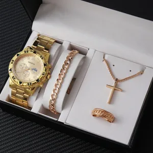 Set orologio oro uomo con bracciale maglia catena collana croce e anello in confezione regalo.