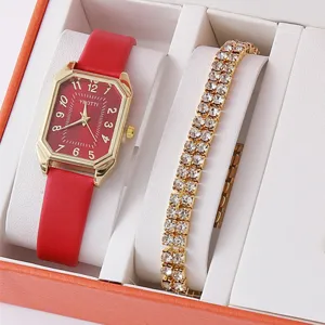 Orologio al quarzo rettangolare da donna in pelle rossa con set regalo bracciale strass