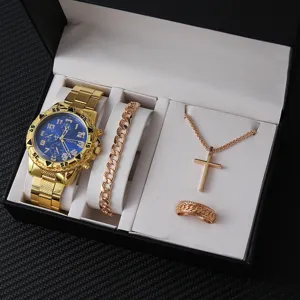 Uomini lusso oro orologio bracciale collana anello set confezione regalo elegante