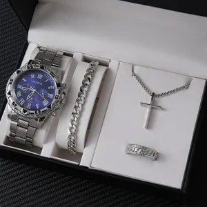 Set orologio uomo di lusso con orologio al quarzo, bracciale, collana con croce e anello.